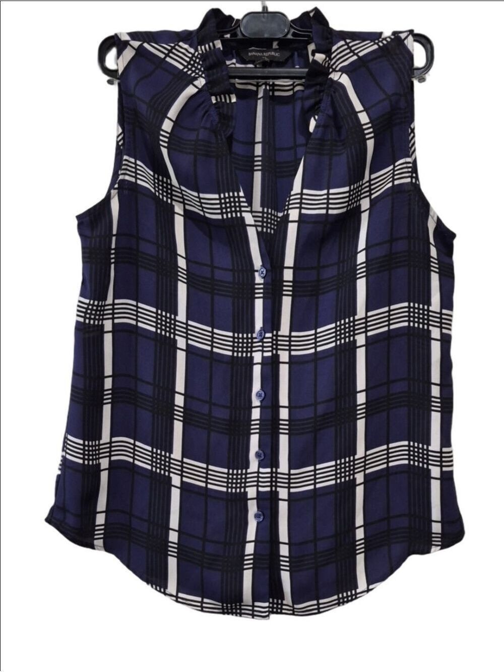 Banana Republic Chiffon Plaid Tank Top Sleeveless Button Down Ruffle Neck